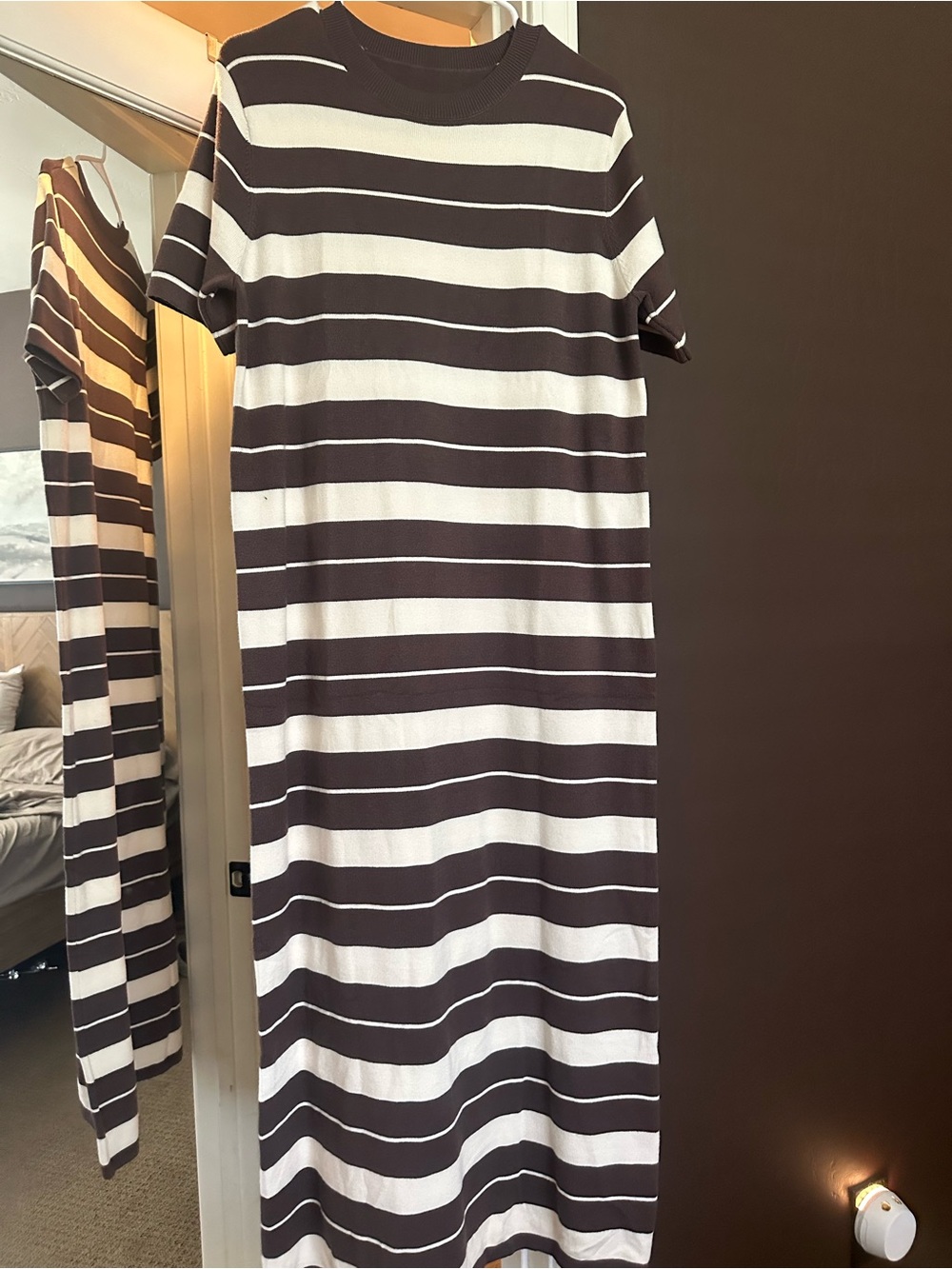 Striped Short-Sleeve Maxi Dress in Brown and White